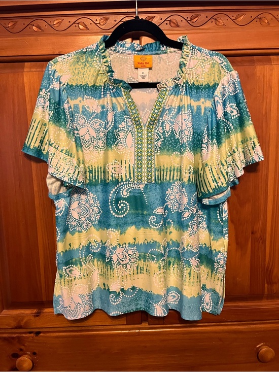 Ruby Rd. Tops - Ruby Rd. Women's Teal & Lime Short Sleeve Top Petite Large